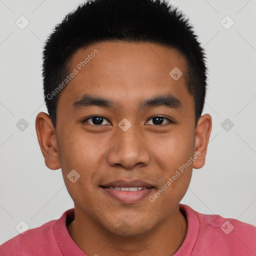 Joyful latino young-adult male with short  black hair and brown eyes