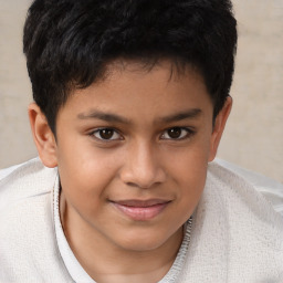 Joyful latino young-adult male with short  brown hair and brown eyes