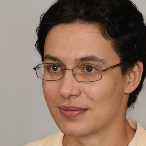 Joyful white adult female with short  brown hair and brown eyes