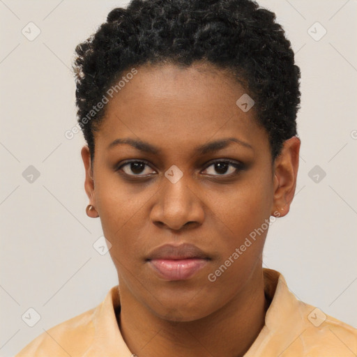 Neutral black young-adult female with short  black hair and brown eyes