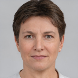 Joyful white adult female with short  brown hair and grey eyes