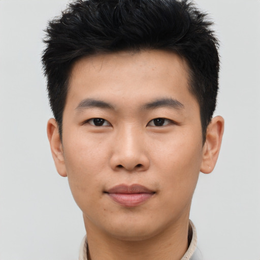 Neutral asian young-adult male with short  black hair and brown eyes