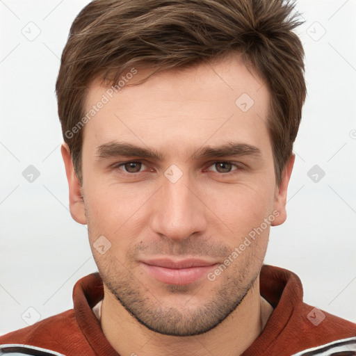 Neutral white young-adult male with short  brown hair and brown eyes