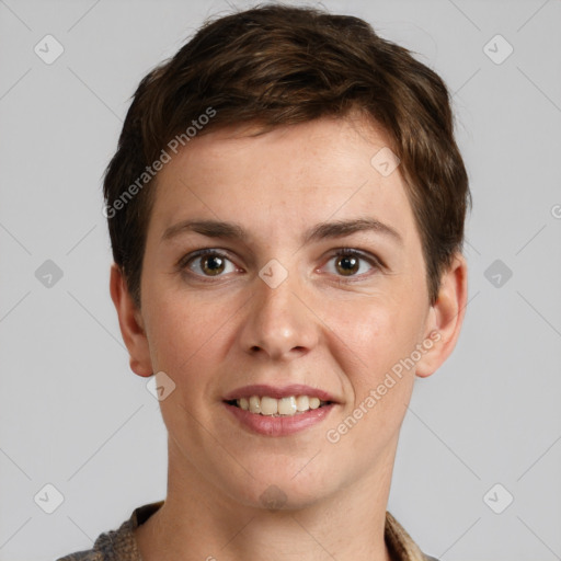 Joyful white young-adult female with short  brown hair and grey eyes