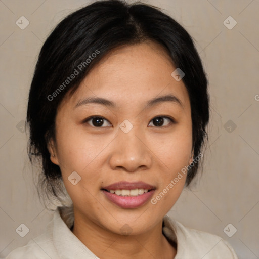 Joyful asian young-adult female with medium  black hair and brown eyes