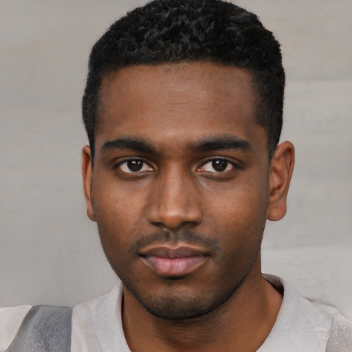 Neutral black young-adult male with short  black hair and brown eyes