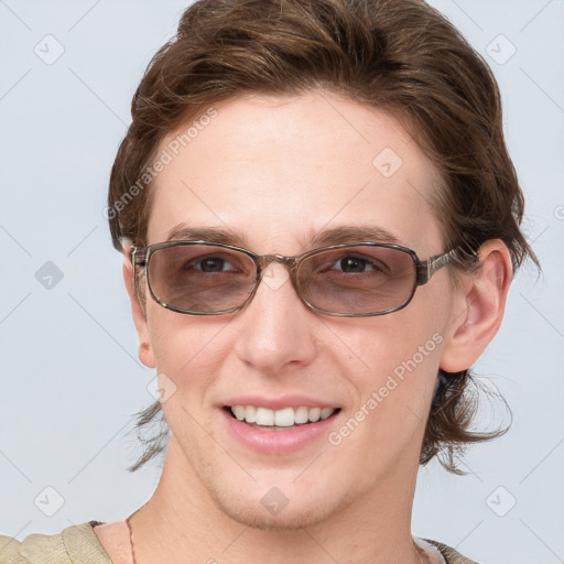 Joyful white young-adult female with short  brown hair and grey eyes