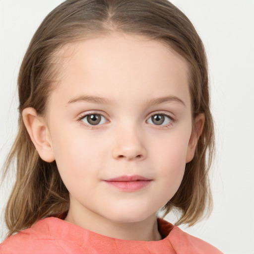 Neutral white child female with medium  brown hair and grey eyes