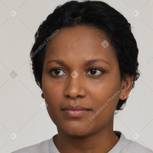 Neutral black young-adult female with short  black hair and brown eyes