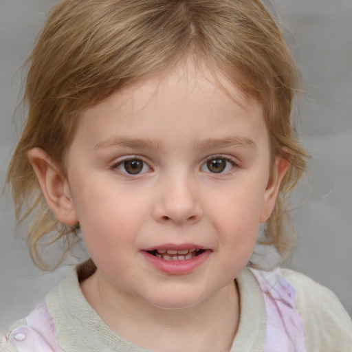 Joyful white child female with medium  brown hair and blue eyes