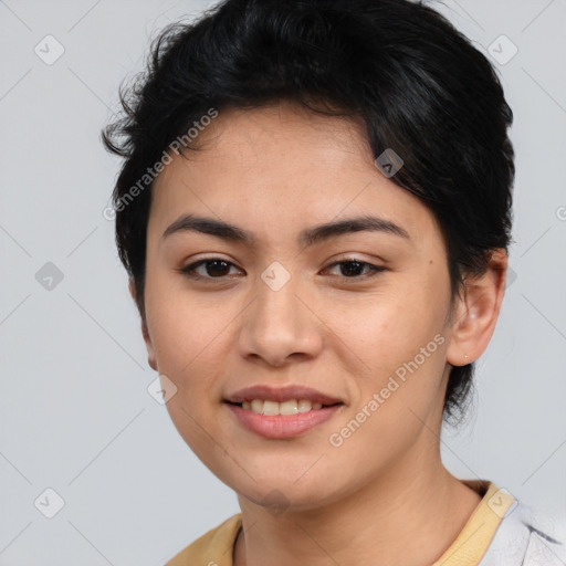 Joyful asian young-adult female with short  brown hair and brown eyes