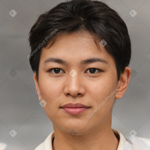 Joyful asian young-adult female with short  brown hair and brown eyes