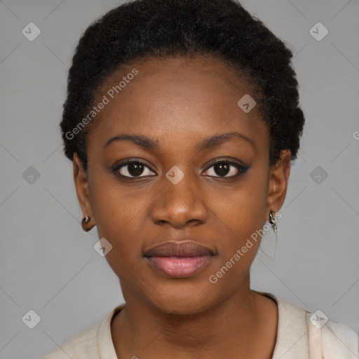 Neutral black young-adult female with short  black hair and brown eyes