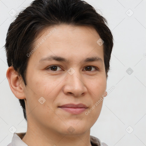 Joyful white young-adult female with short  brown hair and brown eyes