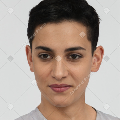 Joyful latino young-adult female with short  brown hair and brown eyes