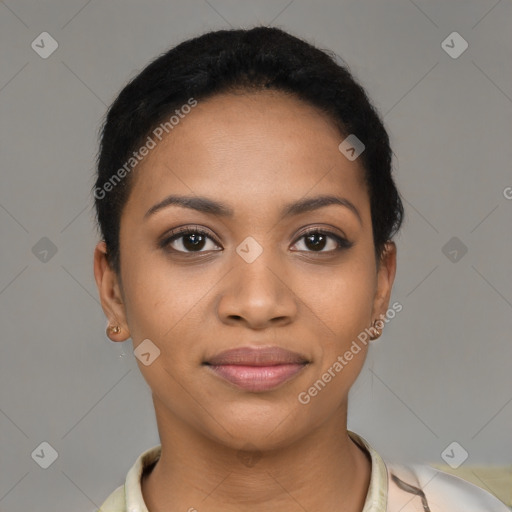 Joyful black young-adult female with short  black hair and brown eyes