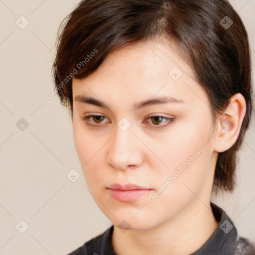 Neutral white young-adult female with medium  brown hair and brown eyes