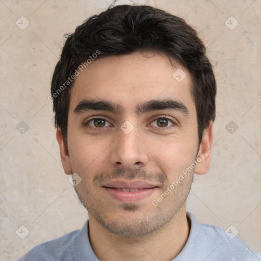 Joyful white young-adult male with short  black hair and brown eyes