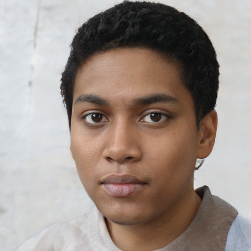 Neutral black young-adult male with short  black hair and brown eyes