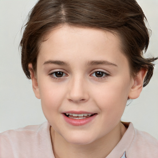 Joyful white child female with medium  brown hair and brown eyes