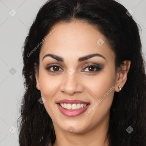 Joyful latino young-adult female with long  brown hair and brown eyes