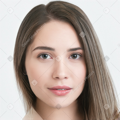 Neutral white young-adult female with long  brown hair and brown eyes