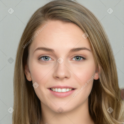 Joyful white young-adult female with long  brown hair and grey eyes