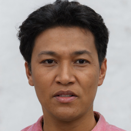 Joyful asian adult male with short  black hair and brown eyes