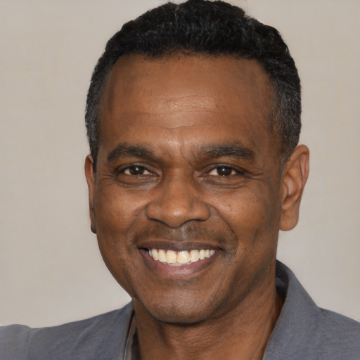 Joyful black adult male with short  black hair and brown eyes