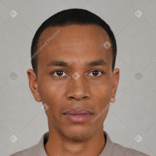Neutral black young-adult male with short  black hair and brown eyes