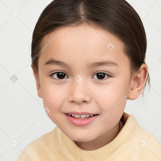 Joyful white child female with medium  brown hair and brown eyes