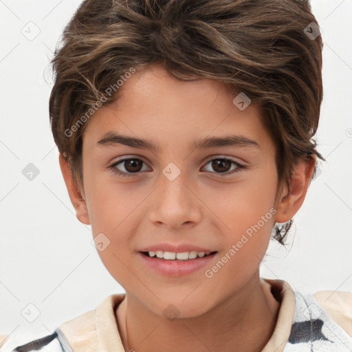 Joyful white child female with short  brown hair and brown eyes