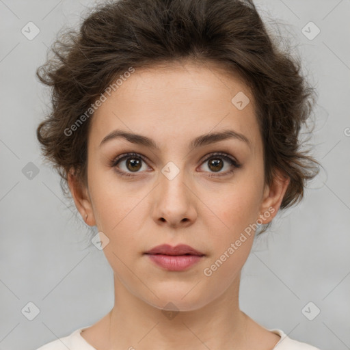 Neutral white young-adult female with short  brown hair and brown eyes