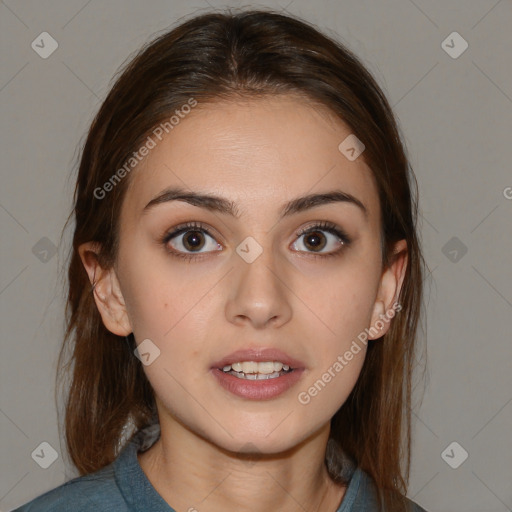 Neutral white young-adult female with medium  brown hair and brown eyes