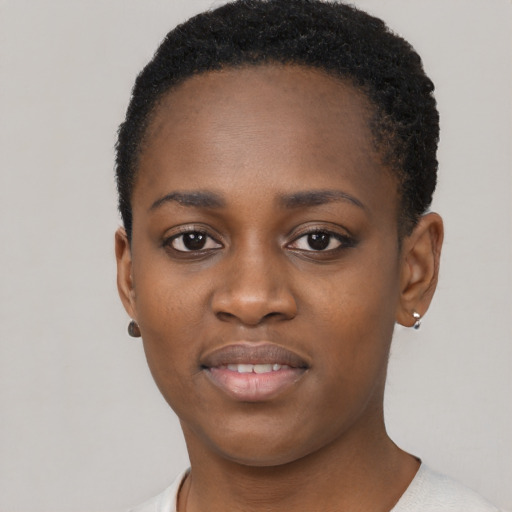 Neutral black young-adult female with short  black hair and brown eyes