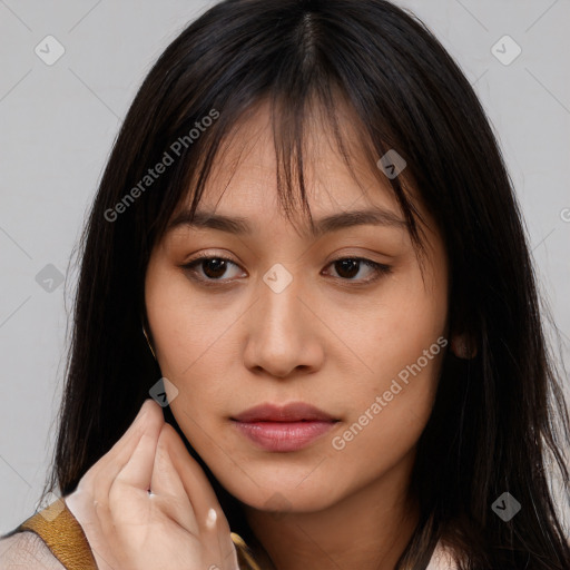 Neutral white young-adult female with medium  brown hair and brown eyes