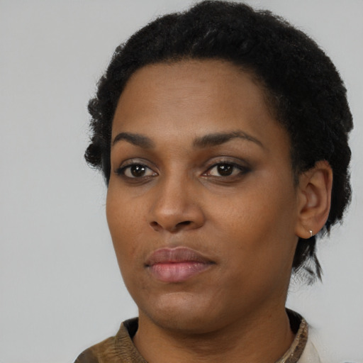 Neutral black young-adult female with short  black hair and brown eyes