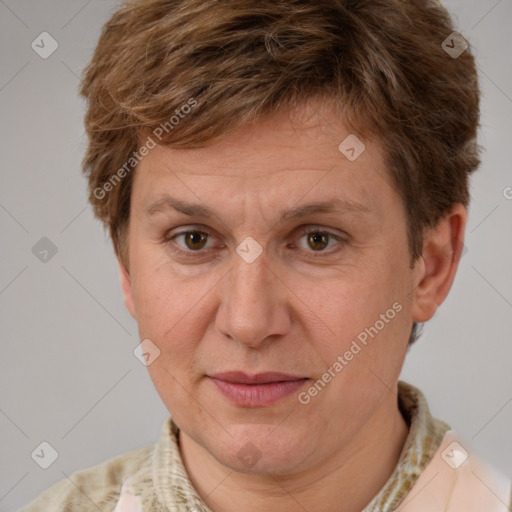 Joyful white adult female with short  brown hair and brown eyes