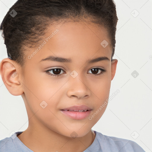 Joyful white child female with short  brown hair and brown eyes