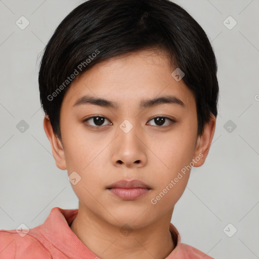 Neutral asian young-adult female with short  black hair and brown eyes