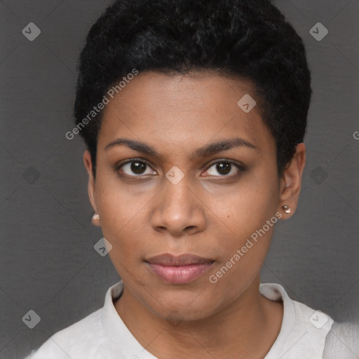 Neutral black young-adult female with short  black hair and brown eyes