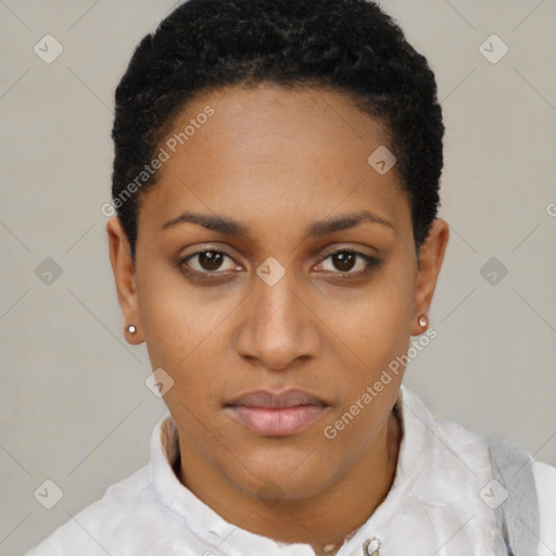 Joyful black young-adult female with short  black hair and brown eyes