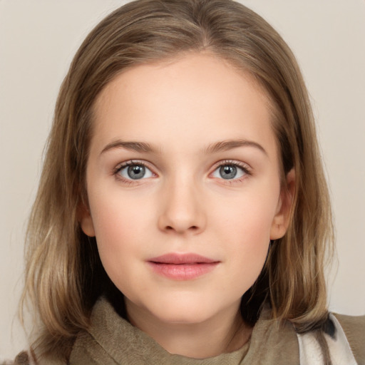 Neutral white young-adult female with medium  brown hair and grey eyes