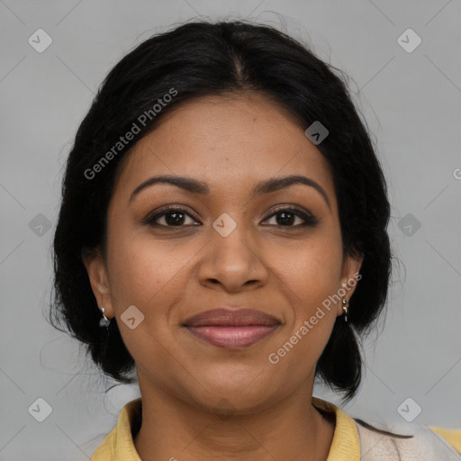 Joyful latino young-adult female with medium  brown hair and brown eyes