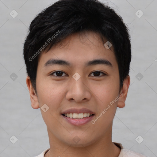 Joyful asian young-adult male with short  brown hair and brown eyes