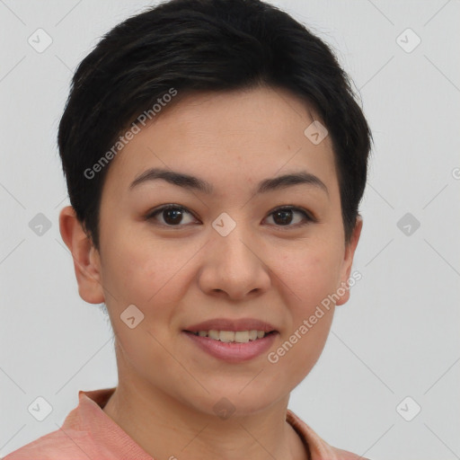 Joyful asian young-adult female with short  brown hair and brown eyes