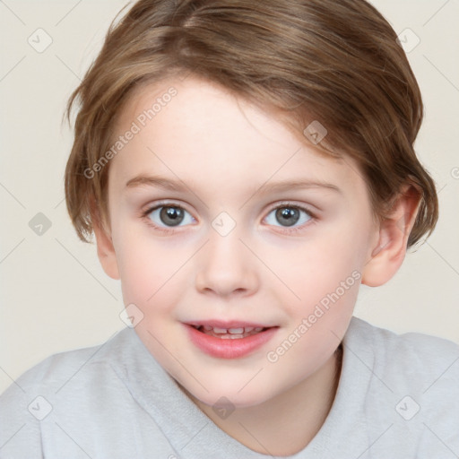 Joyful white child female with medium  brown hair and blue eyes