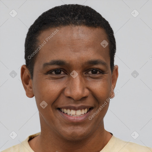 Joyful black young-adult male with short  brown hair and brown eyes