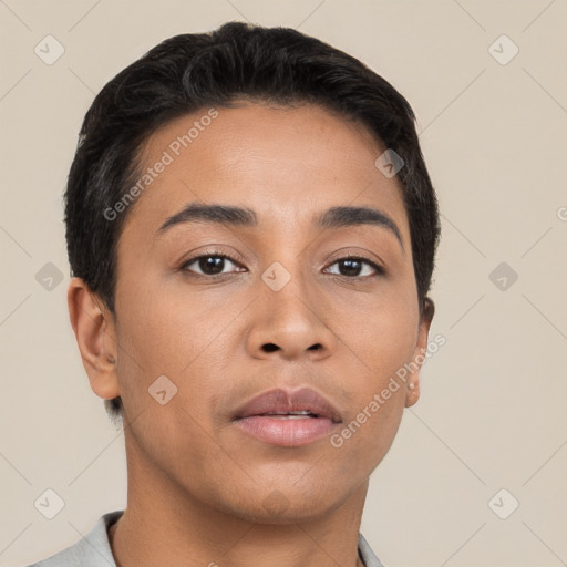 Neutral asian young-adult male with short  brown hair and brown eyes