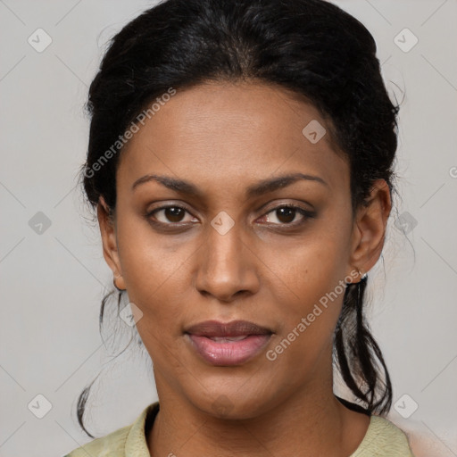 Joyful black young-adult female with medium  black hair and brown eyes